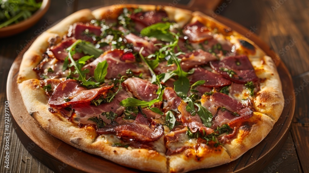 A mouthwatering combination of smoked meats and handpicked herbs on a woodsmoked pizza. A mouthwatering combination of smoked meats and handpicked herbs on a woodsmoked pizza.
