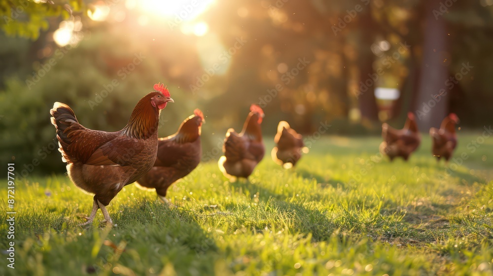 Fototapeta premium Chickens grazing in a green field with sunlight filtering through trees.
