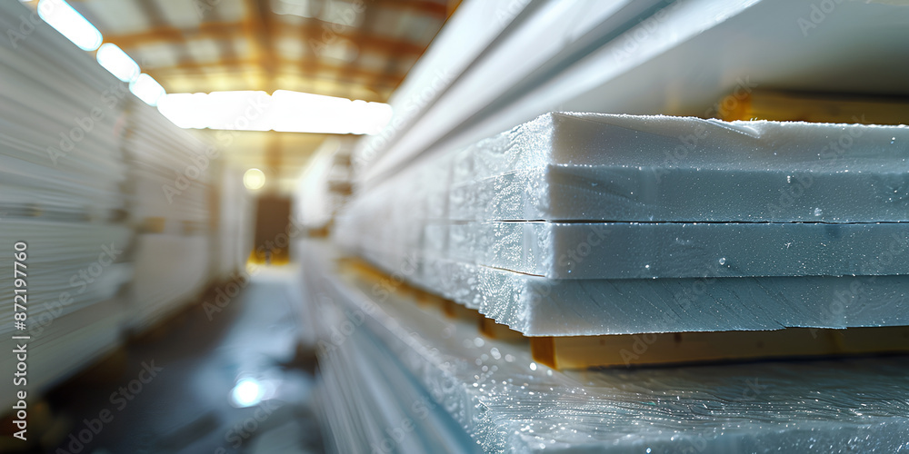 Obraz premium Stacked foam plastic sheets ready for installation, emphasizing the thickness and size of the insulation material