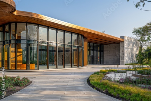 The modern hospital building designed in the style of the architect has an exterior made of concrete and wood, with large windows for natural light to fill its interior space.