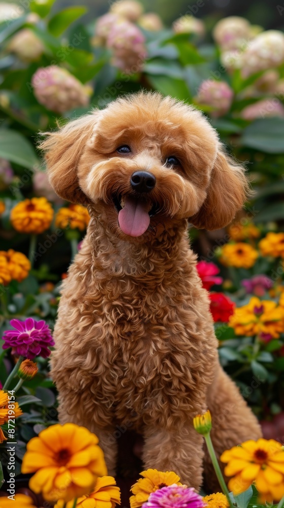 an adorable Poodle sitting in a garden, surrounded by many beautiful flowers. an adorable Poodle sitting in a garden, surrounded by many beautiful flowers.
