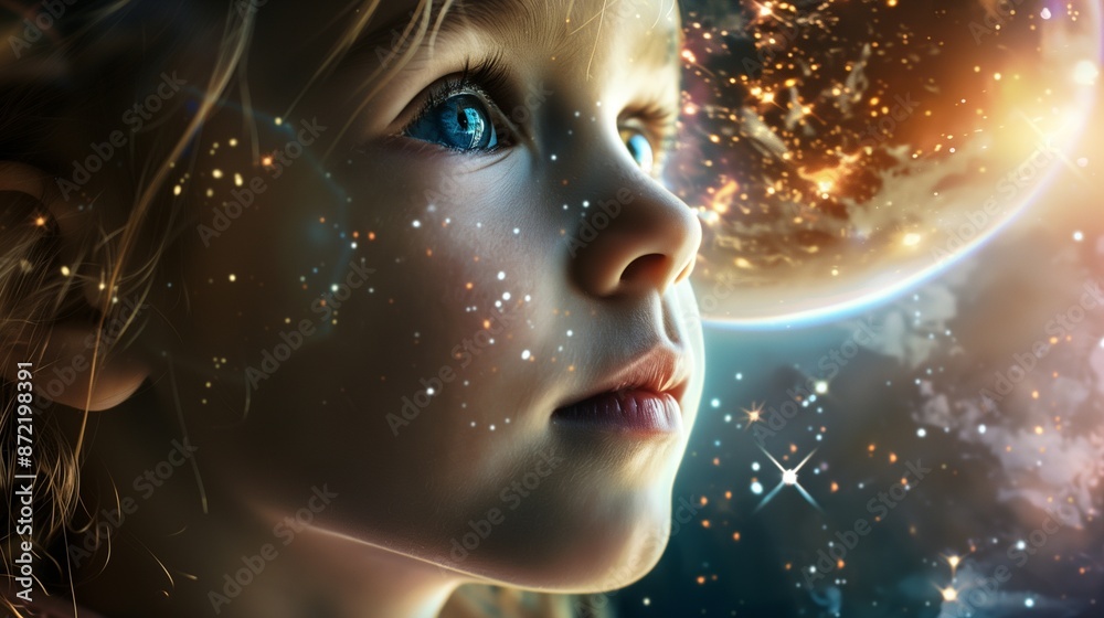 A young child gazes with wonder at the majestic and star-filled universe. A young child gazes with wonder at the majestic and star-filled universe.