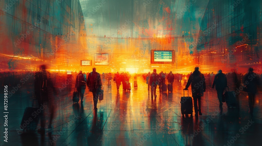 Vibrant Airport Terminal Scene with Travelers - Generative AI Vibrant Airport Terminal Scene with Travelers - Generative AI