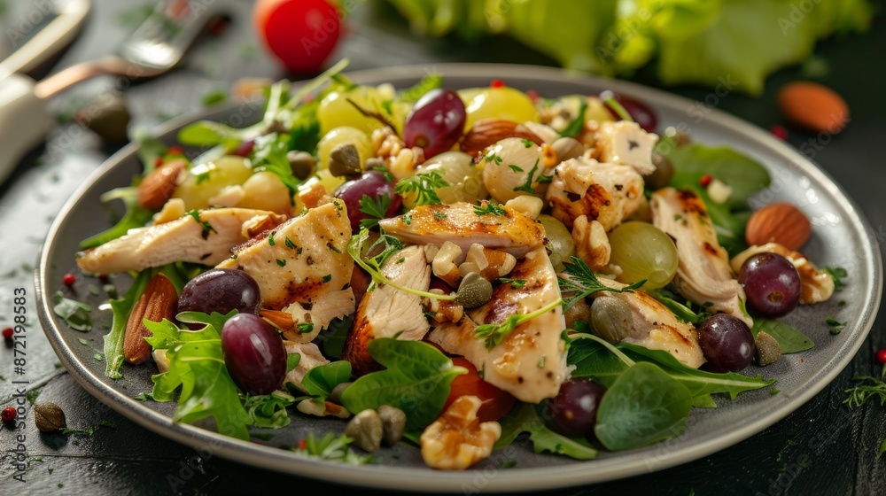 French cuisine. Chicken salad with grapes, nuts and capers.