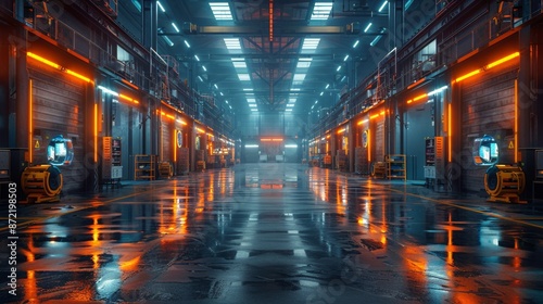 Futuristic Industrial Warehouse with Neon Lights - Generative AI