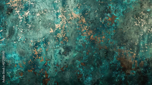 Corroded copper sheet with verdigris patina, reflecting soft light