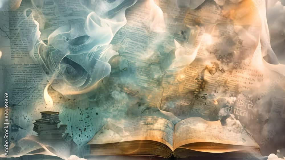 An open book releasing smoke, creating a mysterious and intriguing scene, Enigmatic source of inspiration for poets and artists