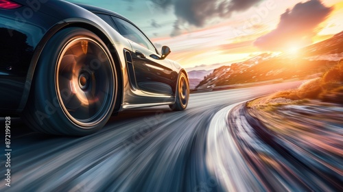 Sports car in motion on a winding road, with a blurred background indicating speed