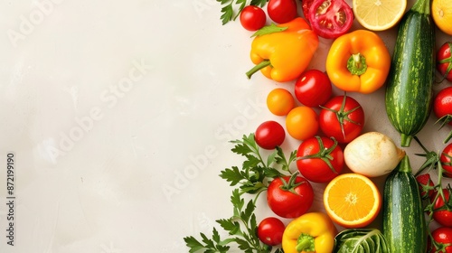 Variety of colorful fresh vegetables and fruits on light background