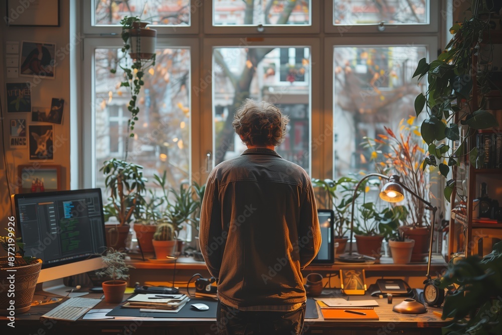 Man Standing By Window in Home Office With Desk and Plants Man Standing By Window in Home Office With Desk and Plants