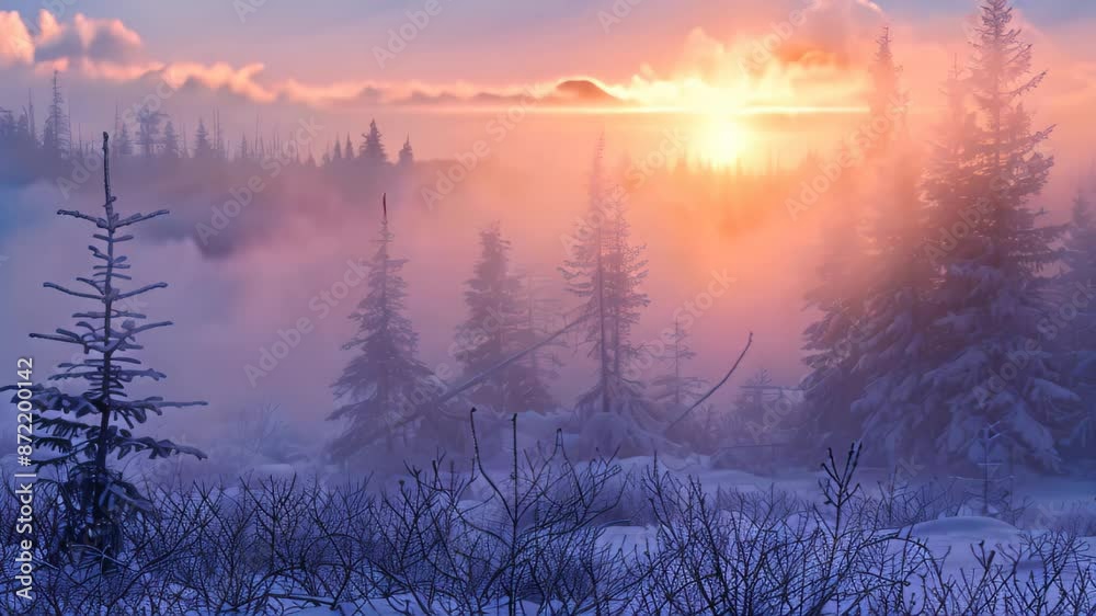 Sunrise illuminating snow-covered field in ethereal mist, Ethereal mist diffusing the brightness of dawn Sunrise illuminating snow-covered field in ethereal mist, Ethereal mist diffusing the brightness of dawn