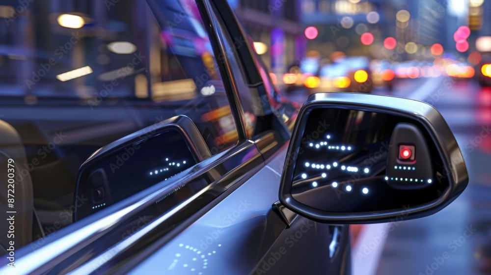 A close-up view of a cars side mirror with a blind spot detection system, featuring a series of white lights on the mirror surface. The lights illuminate when a vehicle is detected in the blind spot. A close-up view of a cars side mirror with a blind spot detection system, featuring a series of white lights on the mirror surface. The lights illuminate when a vehicle is detected in the blind spot.