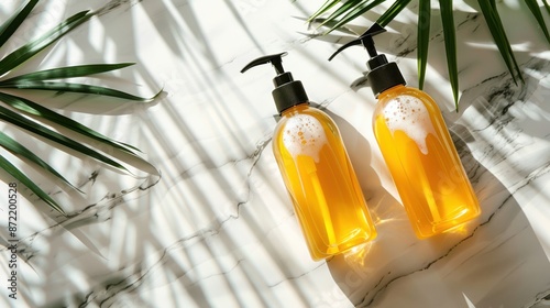 Shampoo and conditioner bottles on marble surface, changed texture, boosts softness and volume photo