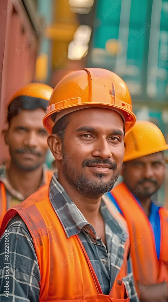 Indian labourers handling shipments at a container terminal while donning hard hats and safety vests Indian labourers handling shipments at a container terminal while donning hard hats and safety vests