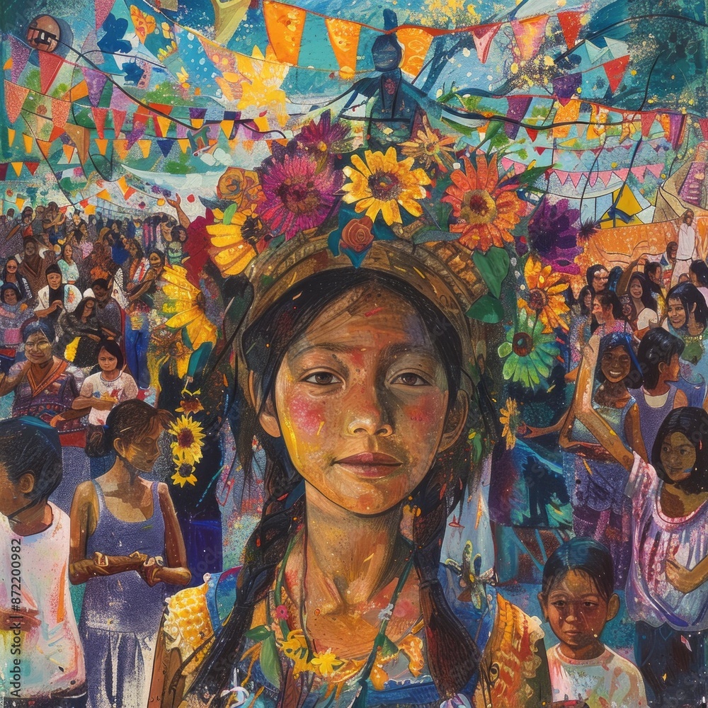 Fototapeta premium Communal expression of a girl participating in a cultural celebration