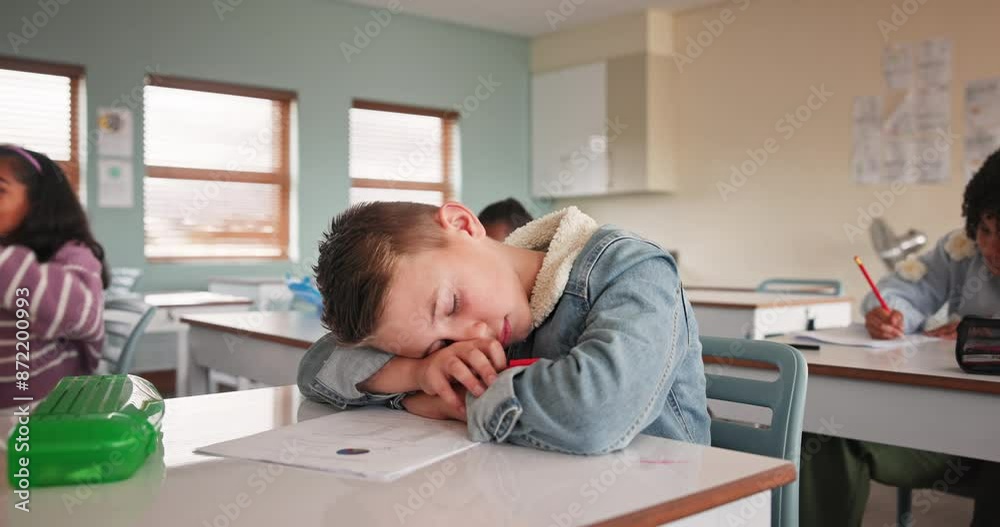 Boy, tired and classroom for lesson and student, bored and sleep in elementary school. Fatigue, knowledge and project for overworked young person, education and exchange learner with burnout in exam Boy, tired and classroom for lesson and student, bored and sleep in elementary school. Fatigue, knowledge and project for overworked young person, education and exchange learner with burnout in exam