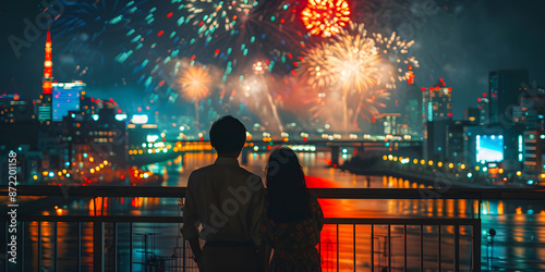 Japanese couple enjoying a fireworks festival in Tokyo at night, immersed in traditional Japanese culture. The scene captures the romance and cultural celebration against the backdrop of a vibrant Tok photo