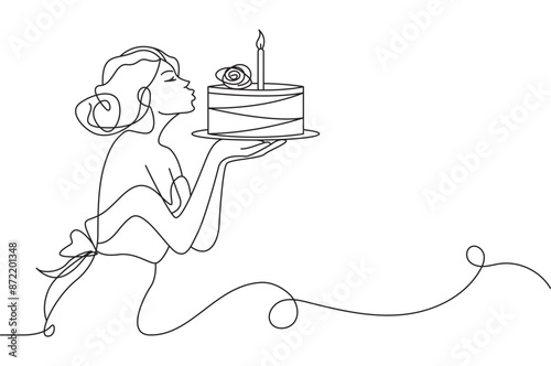 Birthday line art style blowing out birthday cake candles on transparent background, minimalist style, birthday cake