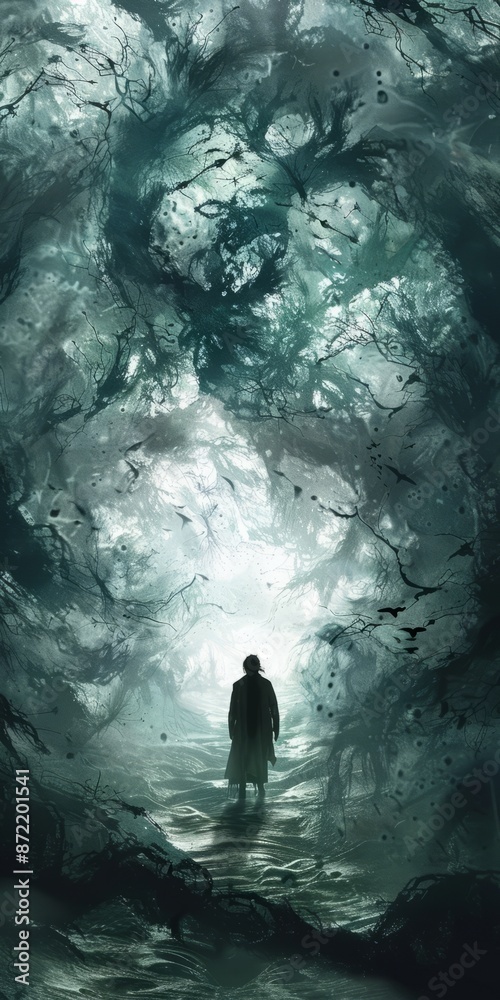 Solitary Figure in Dark Forest Symbolizing Depression and Isolation Solitary Figure in Dark Forest Symbolizing Depression and Isolation
