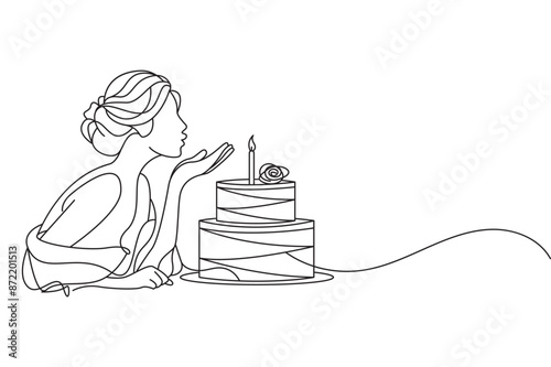 Birthday line art style blowing out birthday cake candles on transparent background, minimalist style, birthday cake