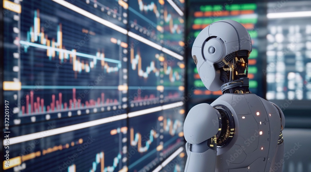 3D rendering of a humanoid robot analyzing a stock market chart with trading charts. Concept of artificial intelligence in financial markets, neon lighting, copy space. 3D rendering of a humanoid robot analyzing a stock market chart with trading charts. Concept of artificial intelligence in financial markets, neon lighting, copy space.