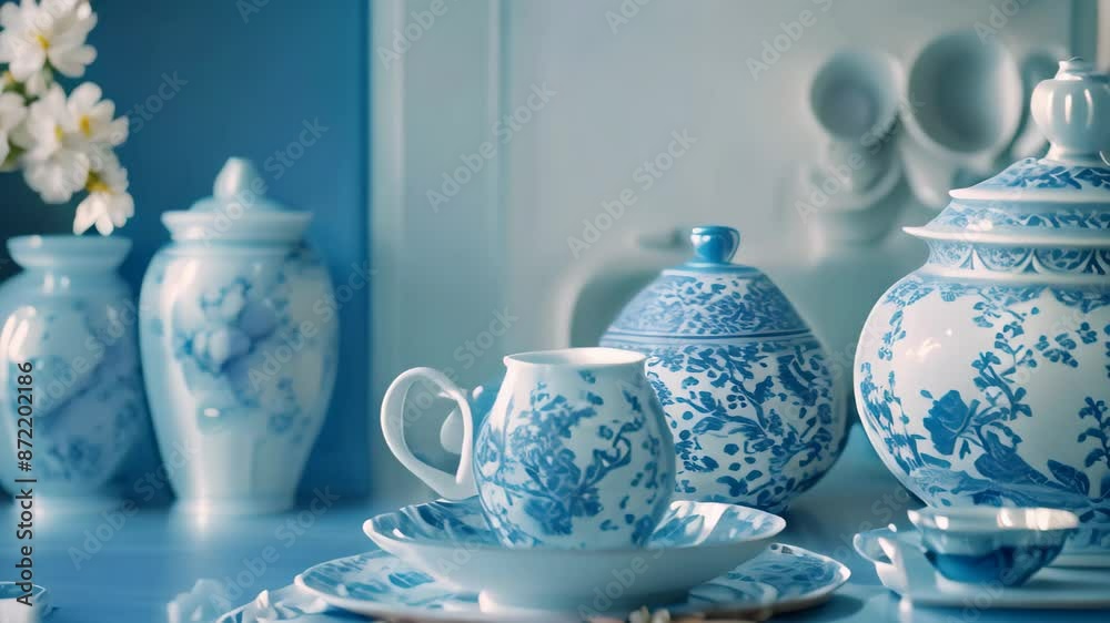 A blue and white tea set displayed on a table, Experiment with different color palettes inspired by Chinese ceramics A blue and white tea set displayed on a table, Experiment with different color palettes inspired by Chinese ceramics