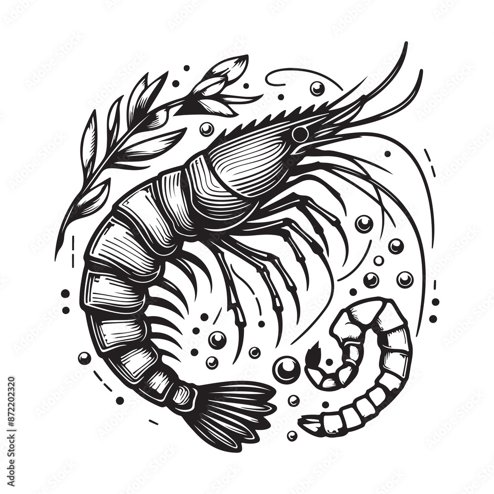 New shrimp fish silhouette vector and logo style with white background and coloring book New shrimp fish silhouette vector and logo style with white background and coloring book