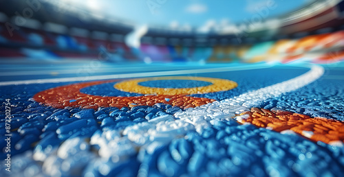 A wet track with a blue and orange circle on it photo