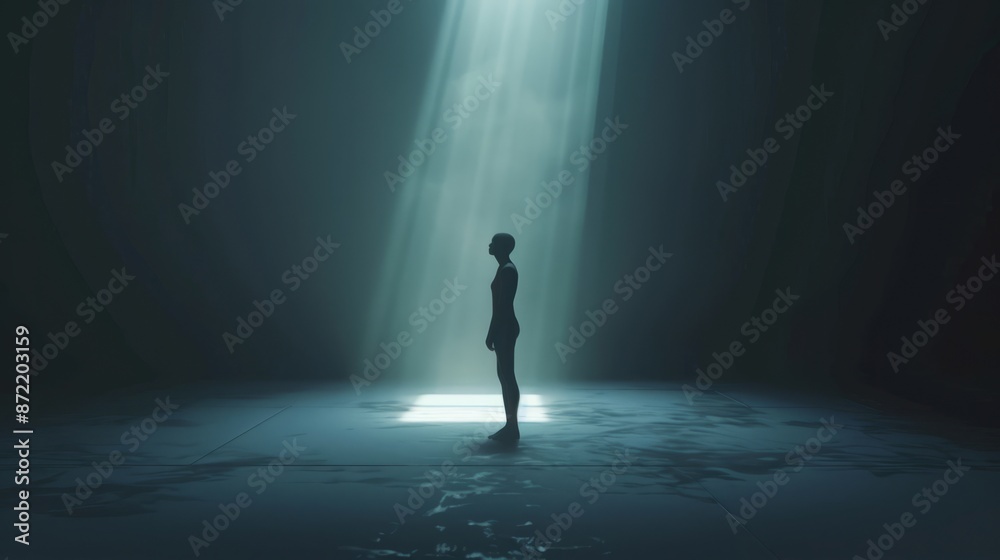 Solitary Figure Standing in Dimly Lit Room