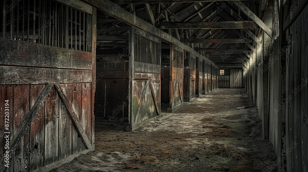 Empty horse stable, weathered wood. Generative AI Empty horse stable, weathered wood. Generative AI