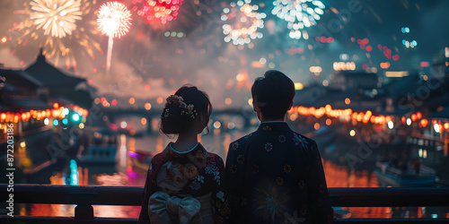 Japanese couple enjoying a fireworks festival in Tokyo at night, immersed in traditional Japanese culture. The scene captures the romance and cultural celebration against the backdrop of a vibrant Tok photo