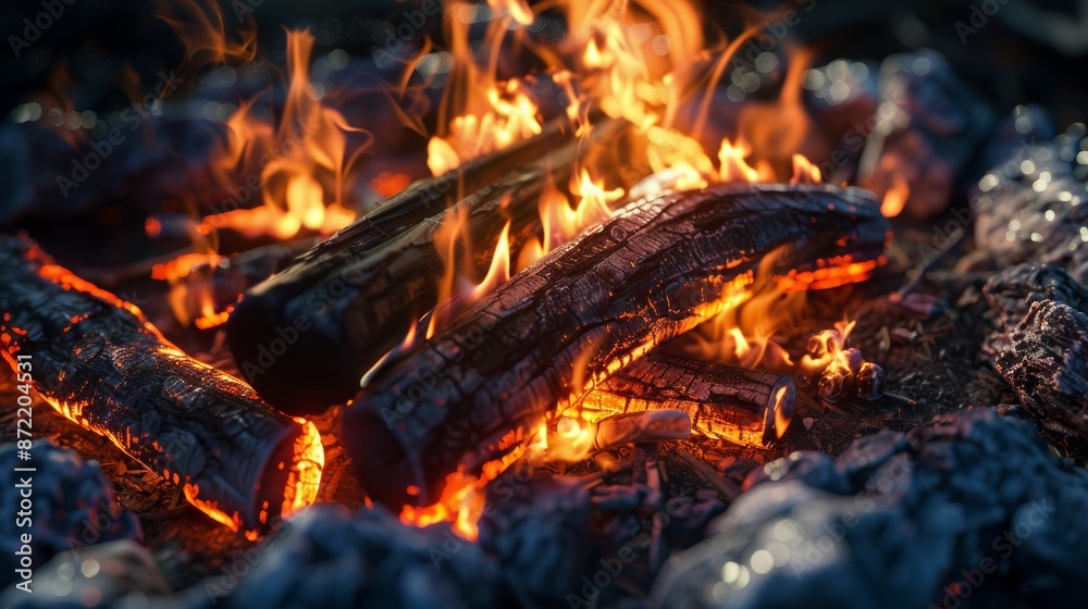 Campfire close-up with warm, glowing flames and detailed burning logs