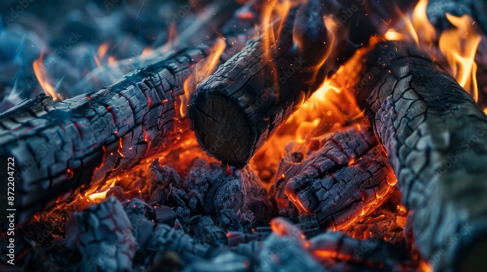 Campfire close-up with warm, glowing flames and detailed burning logs Campfire close-up with warm, glowing flames and detailed burning logs