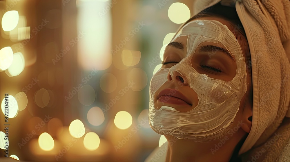 Elegant Woman in Luxurious Beauty Spa with Facial Mask and Soft Lighting Elegant Woman in Luxurious Beauty Spa with Facial Mask and Soft Lighting