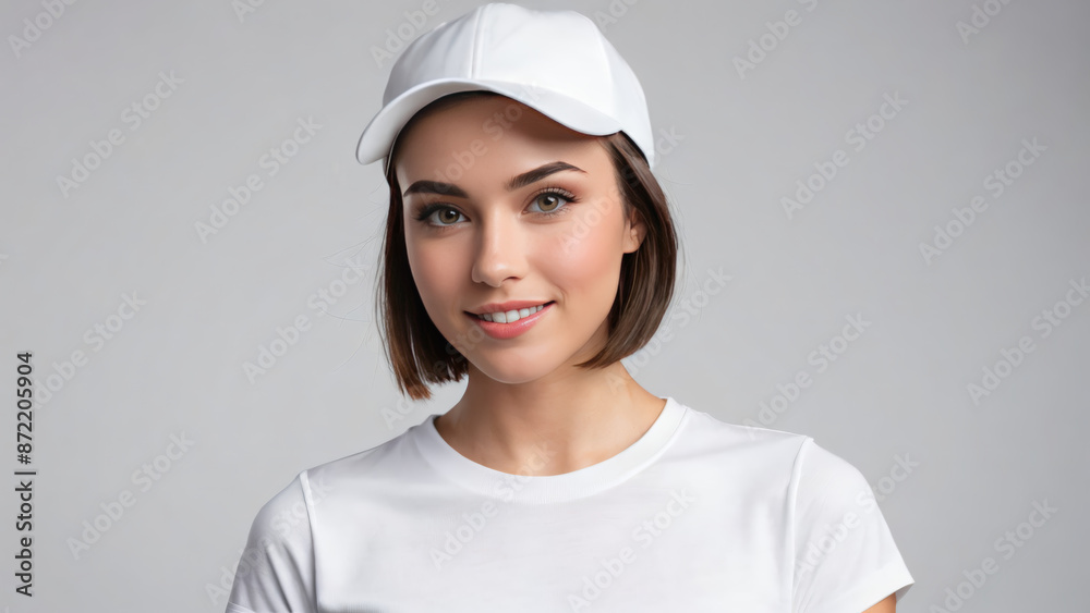 Young woman with short hair wearing white t-shirt and white baseball cap isolated on grey background Young woman with short hair wearing white t-shirt and white baseball cap isolated on grey background