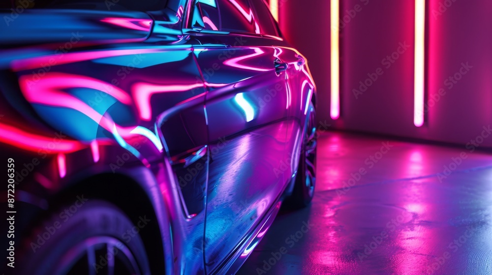 A close-up shot of a car illuminated by neon lights in a garage setting. The blue and pink hues create a dramatic effect on the cars surface. A close-up shot of a car illuminated by neon lights in a garage setting. The blue and pink hues create a dramatic effect on the cars surface.