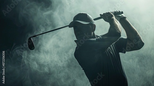 Intense Golfer Mid Swing in Film Noir Lighting and Misty Morning Atmosphere
