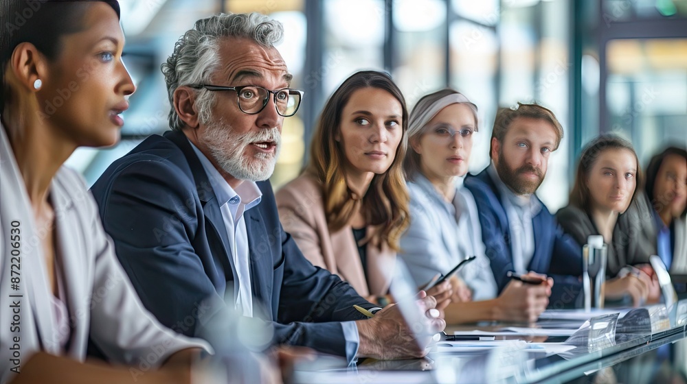 Obraz premium Diverse Corporate Executives Engaged in Collaborative Business Discussion in Modern Boardroom