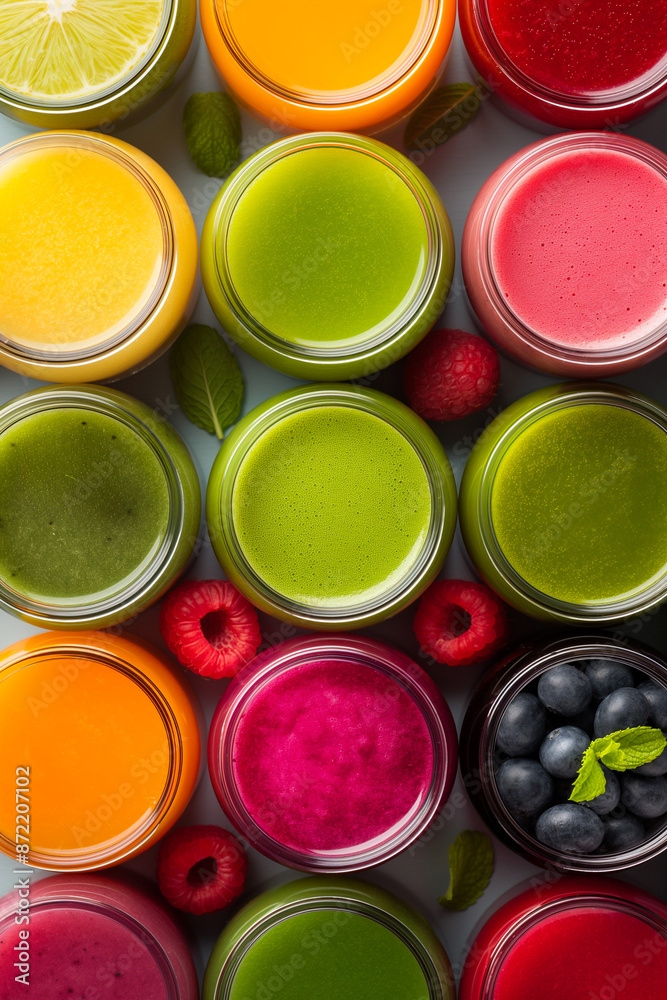 A close-up of colorful fruit purees in small jars, ready to nurture and nourish growing little ones A close-up of colorful fruit purees in small jars, ready to nurture and nourish growing little ones