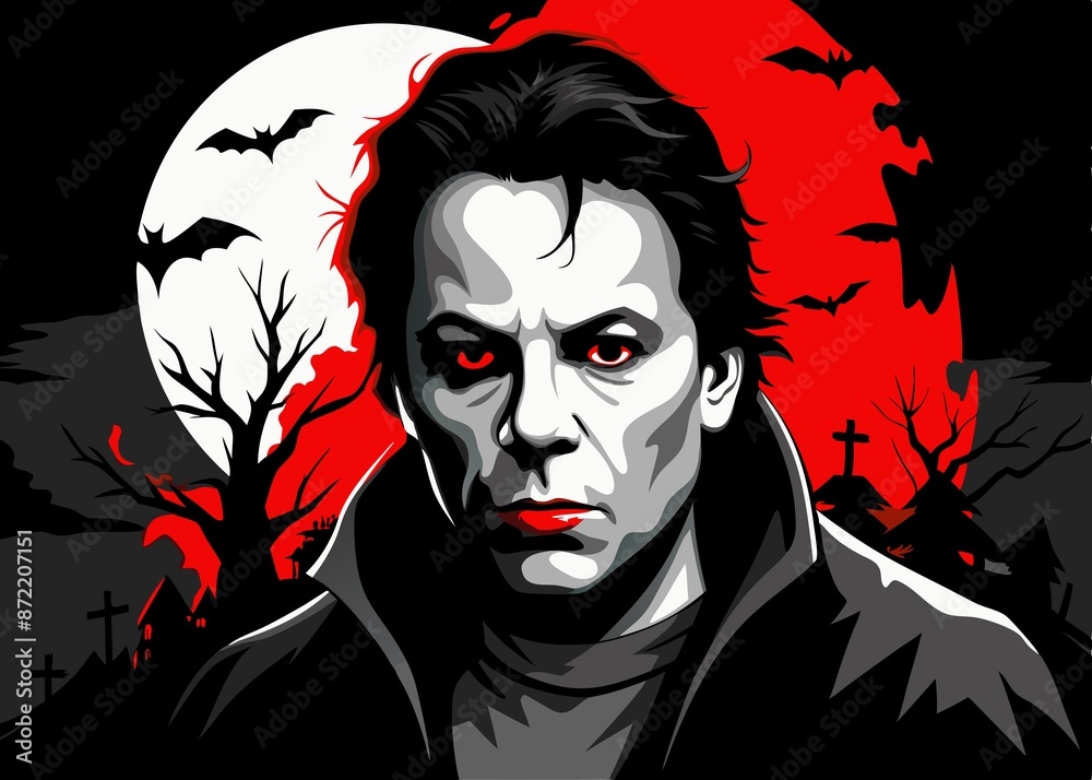 a strict young man. evening horor style of vampirism, against the background of a Halloween entourage. Cross bats with a big red moon a strict young man. evening horor style of vampirism, against the background of a Halloween entourage. Cross bats with a big red moon