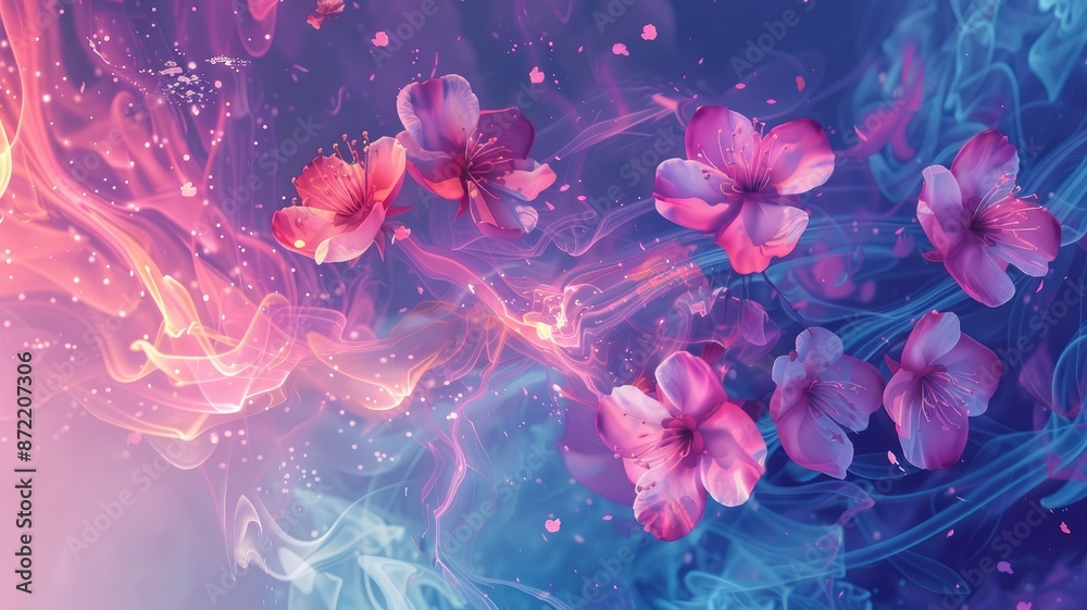 Artistic depiction of floating flowers with colorful smoke.
