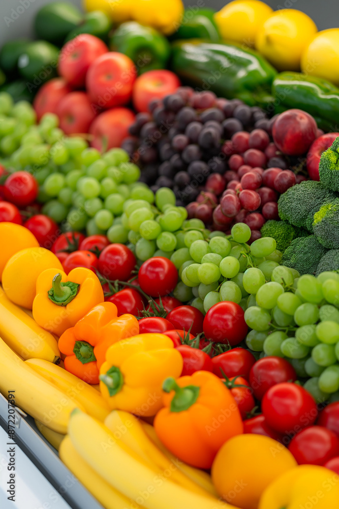 A close-up photo of a colorful array of fresh fruits and vegetables, artfully arranged in a baby-friendly display A close-up photo of a colorful array of fresh fruits and vegetables, artfully arranged in a baby-friendly display