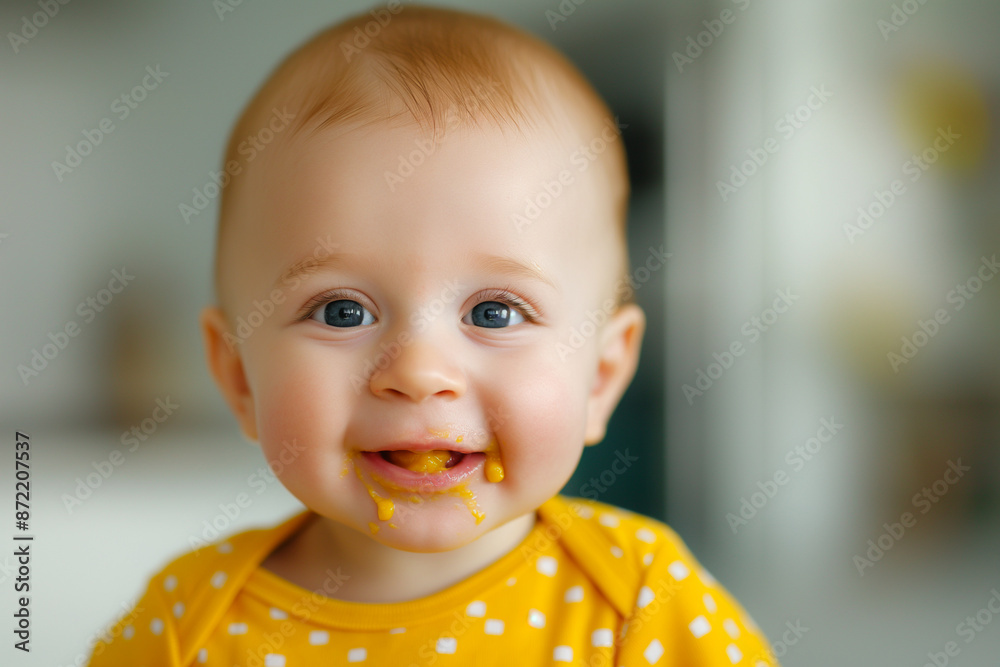A close-up shot capturing a babys delight as they explore a variety of finger foods with messy enthusiasm A close-up shot capturing a babys delight as they explore a variety of finger foods with messy enthusiasm