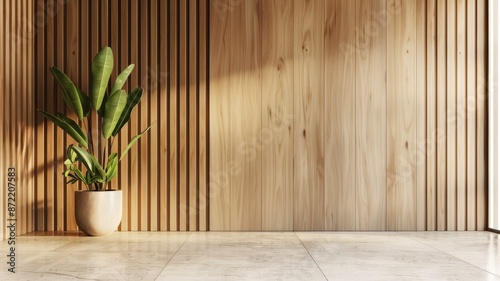  Modern room with wooden slat wall, potted plant, and natural sunlight.