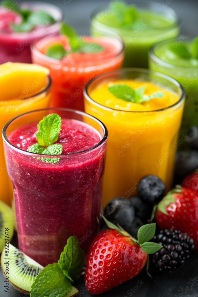A close-up shot of a colorful array of homemade fruit purees, ready to nourish and delight the little ones A close-up shot of a colorful array of homemade fruit purees, ready to nourish and delight the little ones