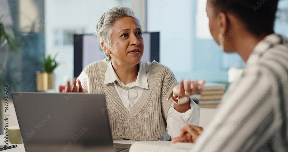 Business, women and conversation in office for meeting with management consultant, collaboration and client interaction. Technology, discussion and communication for problem solving and strategy.