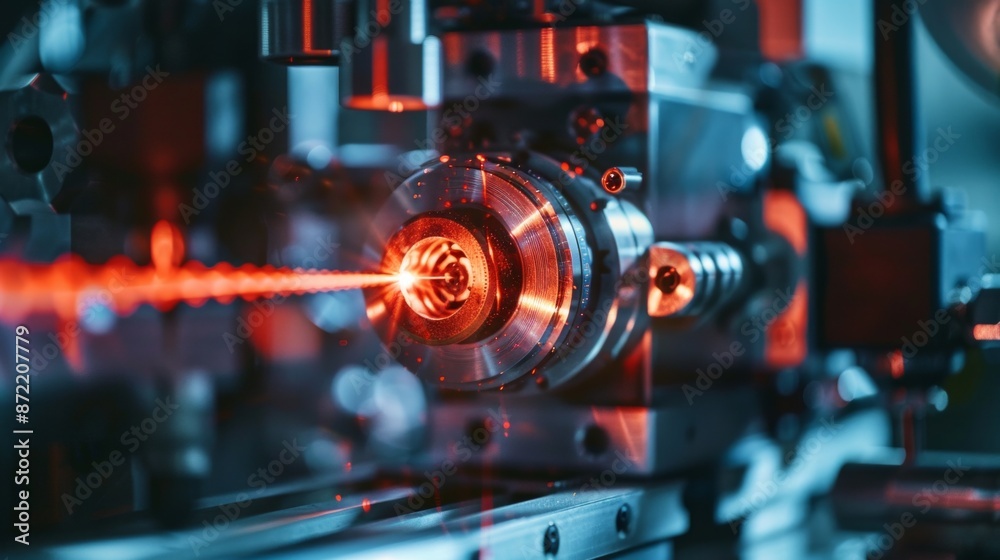 Red laser on optical table in physics laboratory Red laser on optical table in physics laboratory