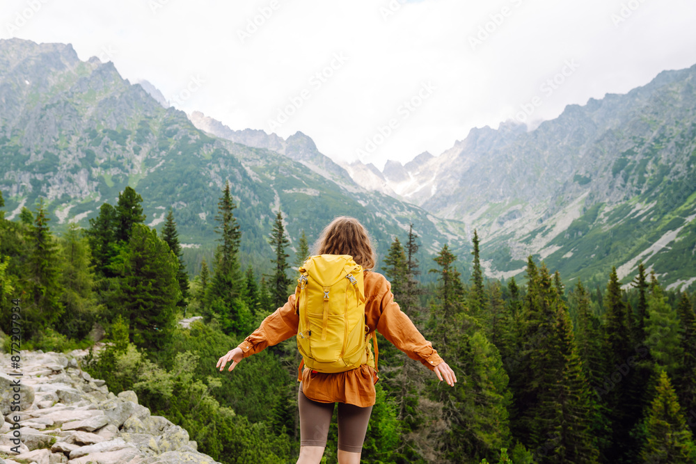 Active woman tourist with backpack enjoys the beautiful scenery of the majestic mountains. Travel, adventure. Concept of an active lifestyle. Active woman tourist with backpack enjoys the beautiful scenery of the majestic mountains. Travel, adventure. Concept of an active lifestyle.