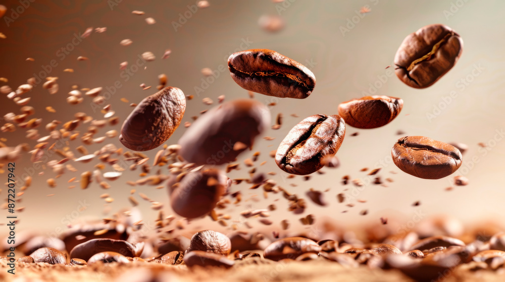 Flying coffee beans, creative background, poster.