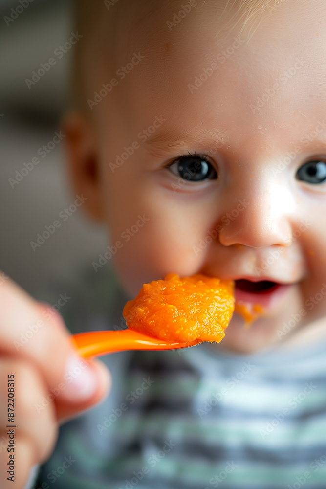 A mother gently spoons vibrant orange pureed carrots into her babys mouth, ensuring a nutritious start to their feeding journey A mother gently spoons vibrant orange pureed carrots into her babys mouth, ensuring a nutritious start to their feeding journey